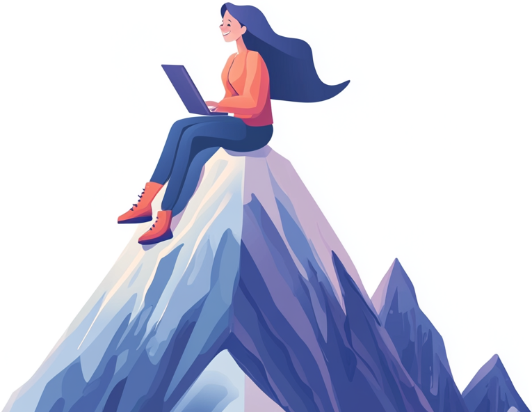 Person sitting on mountain peak with her new website