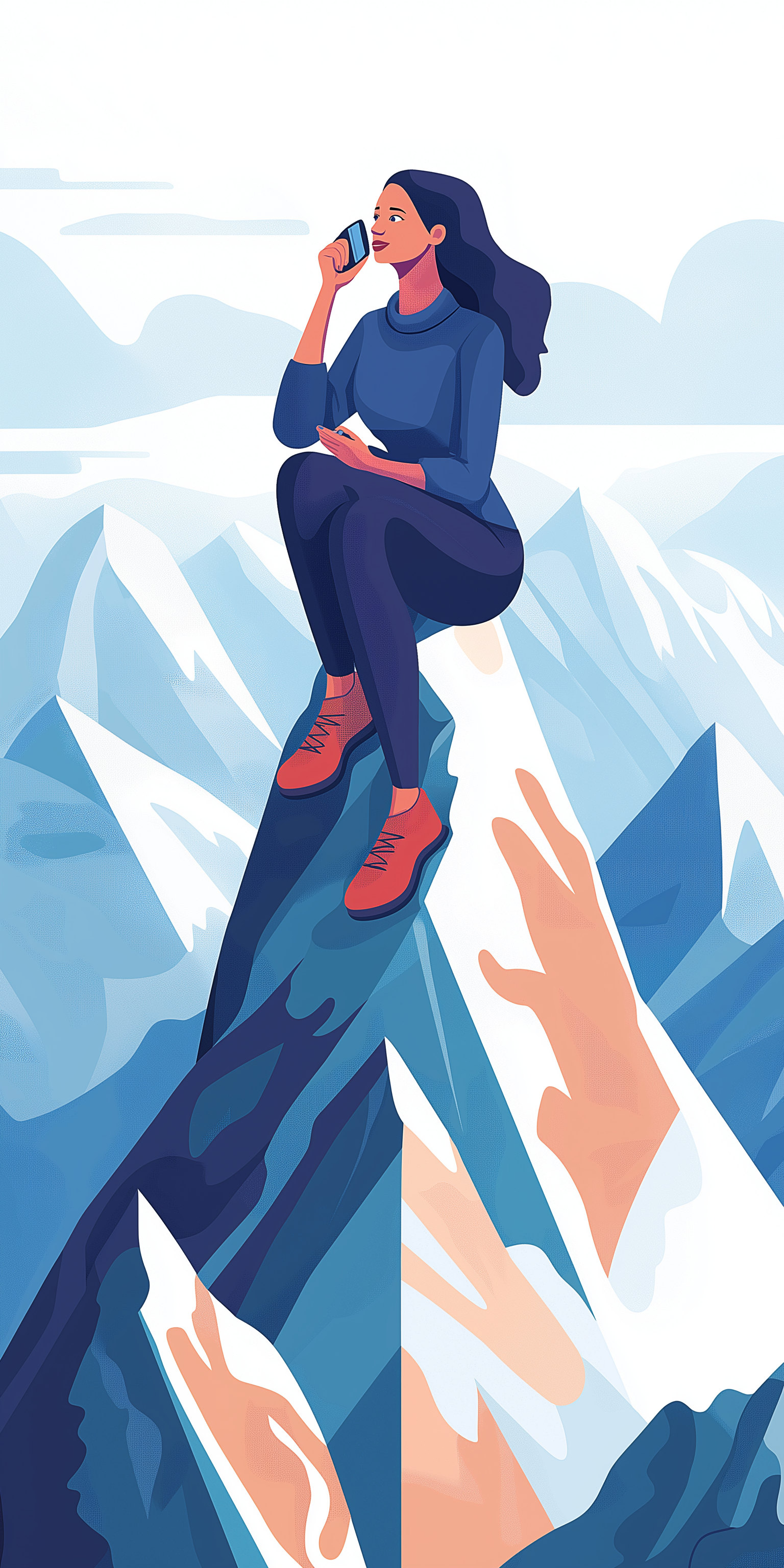 Woman on a mountain peak on a call