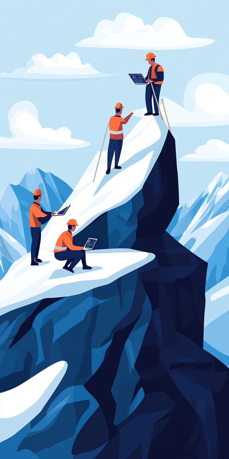 Constructor workers on a mountain top measuring up